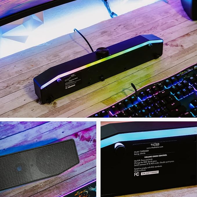 Tilted Nation Gaming Soundbar - Monitor Sound Bar for PC - RGB Computer Speakers for Desktop PC (Wireless or USB Wired) Crisp Audio and Adjustable LED