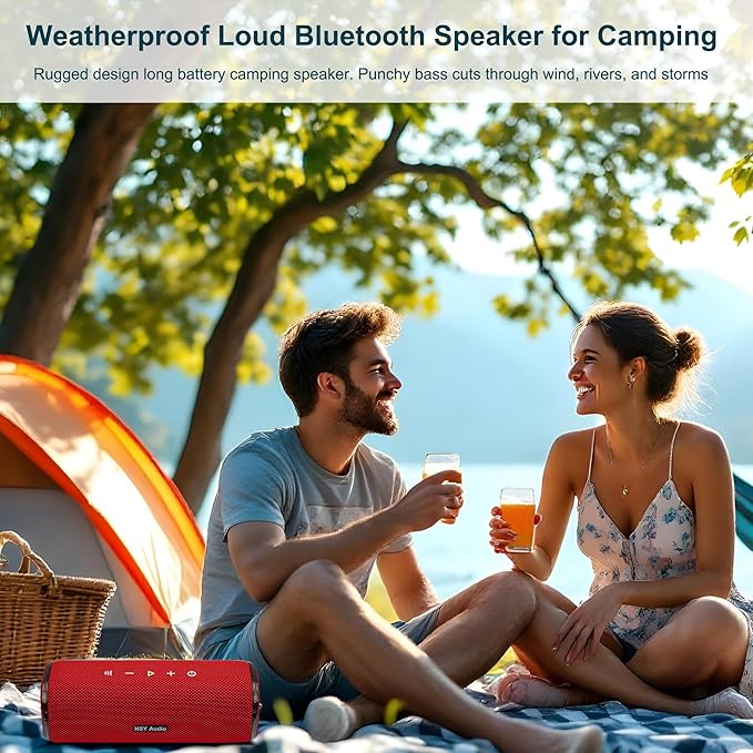 IPX7 Waterproof Wireless Outdoor Speaker, Portable Bluetooth Speake, 25H Playtime, LED Lights, TWS Pairing for Beach, Pool Parties, Shower, Valentine's Day Gift, Red