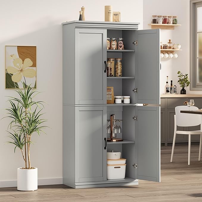 IDEALHOUSE Pantry Cabinet,70" Tall Kitchen Pantry Cabinet with Doors and Adjustable Shelves, Freestanding Cupboard, Tall Storage Cabinet for Bathroom, Dining Room, Living Room (Gray)