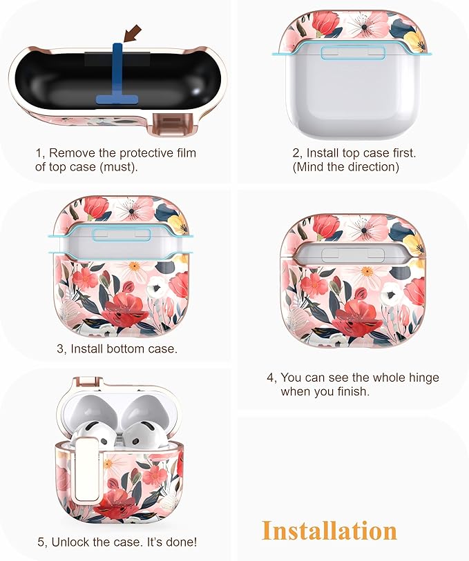 TATOFY Cover for AirPods Pro 4th Generation Case with Lock Clip Cleaner Kit Slim Hard AirPod 4 Lock Case Compatible with MagSafe (Water Pink)