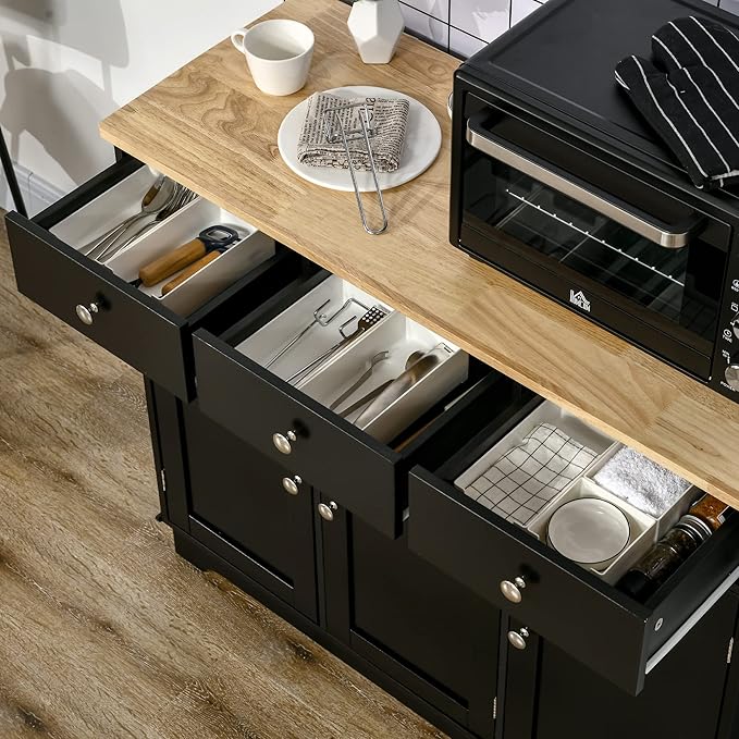 HOMCOM Sideboard with Solid Wood Countertop, Modern Kitchen Storage Cabinet, Coffee Bar Cabinet with 3 Drawers, Doors and Adjustable Shelf, Black