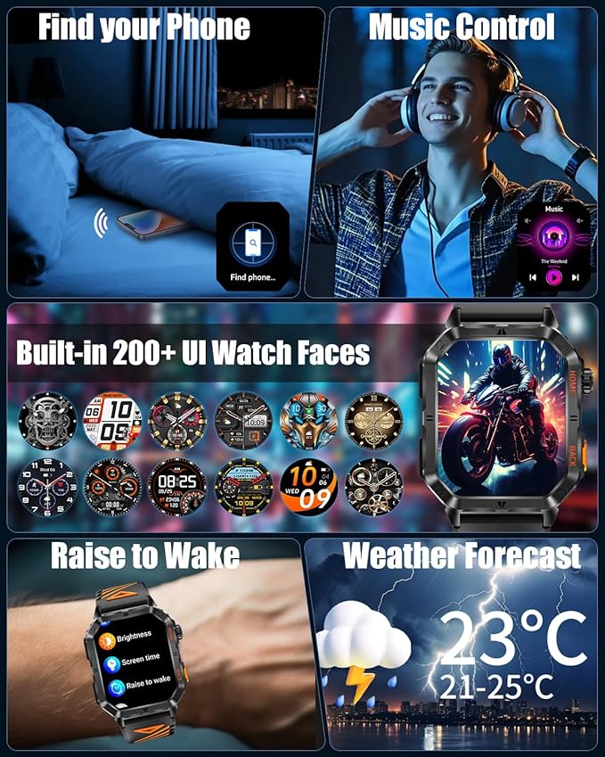Military Smarty Watch for Men, 2.01" Smartwatch with 1200mAh Battery, Flashlight, Answer/Make Calls, Heart Rate/Sleep Monitor 100+ Sport Modes Fitness Tracker for Android/iPhone