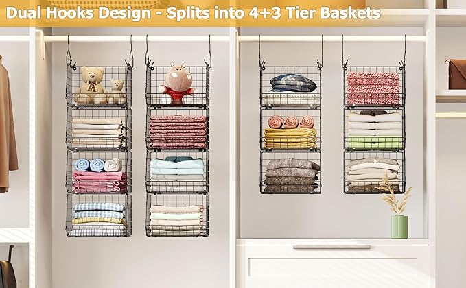 7 Tier Foldable Hanging Closet Organizer and Storage,Wire Closet Shelving with 5 S Hooks,Hanging Basket for Clothes Sweaters Shoes Handbags,Small Closet Organizers for Wardrobe Kitchen Laundry Room