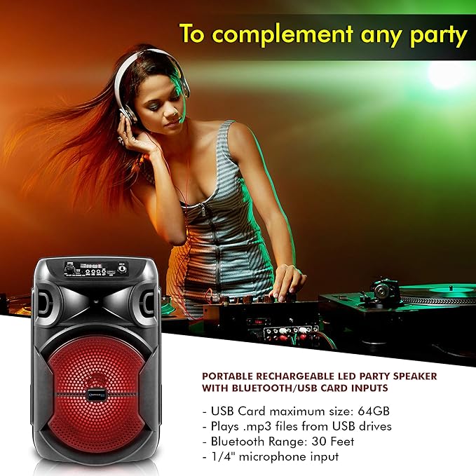 Technical Pro 8 Inch Portable 800 watts Bluetooth Speaker with Woofer & Tweeter, Festival PA LED Speaker with Bluetooth/USB Card, True Wireless Stereo, 30 Feet BT Range