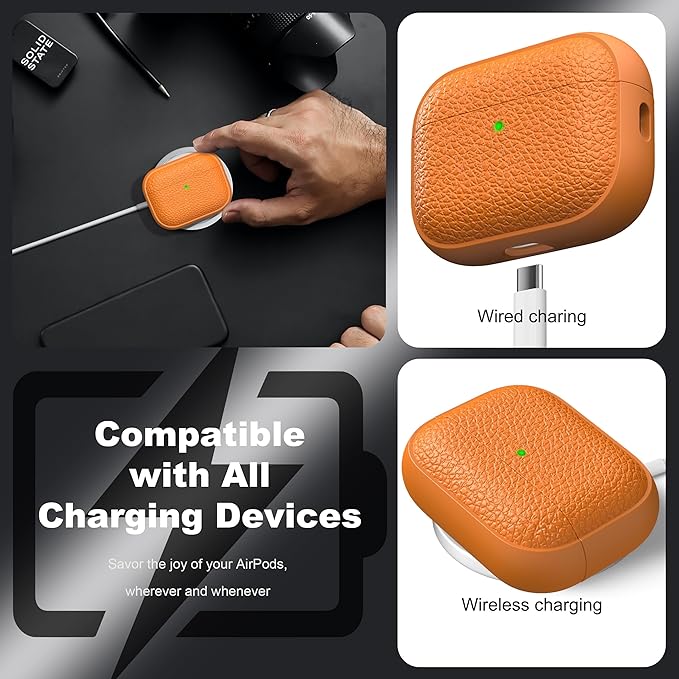 R-fun for AirPods Pro 3 Case 2025, Soft TPU (Leather-Like Design) Drop Protection Cover for Men and Women with Lanyard and Cleaner Kit, Compatible with Apple AirPods Pro 3rd Generation-Orange