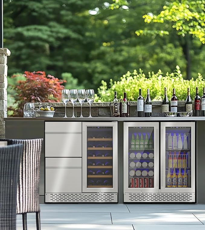 30'' Outdoor Wine and Beverage Refrigerator 120 Cooler, 2 Drawer Dual Zone Wine Fridge with Intelligent Control Advanced Compressor Under Counter Freestanding for Patio Bar Cabinet