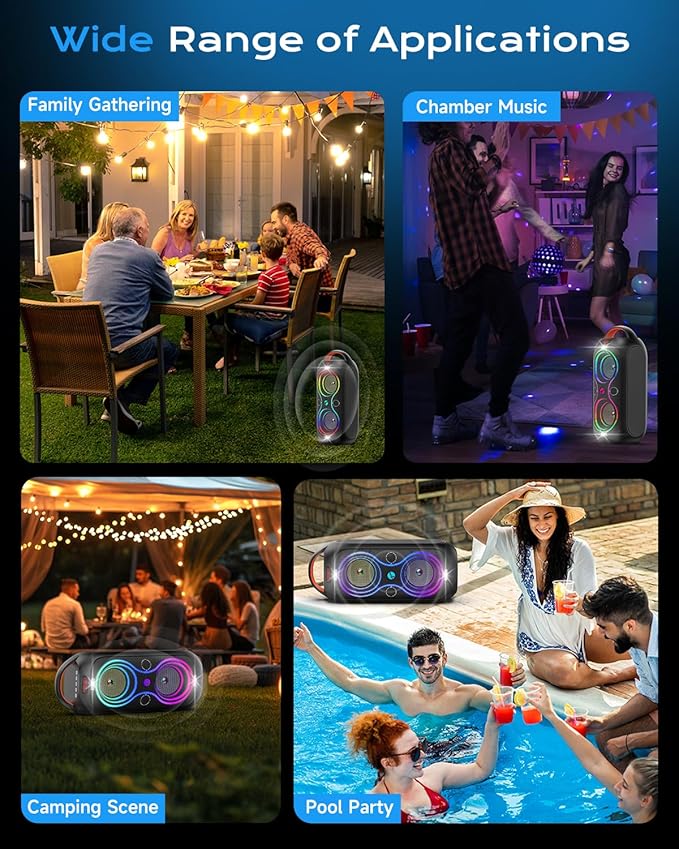 Party Bluetooth Speaker with Dual 4" Woofers, 60W Peak Power, 12H Playtime, Dynamic LED Lights, TWS, FM, AUX, USB, Mic Input, Portable Rechargeable Speaker for Indoor & Outdoor Events -Updated Version