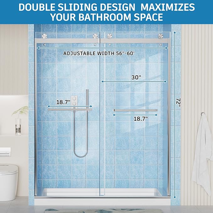 Frameless Shower Door, 56-60" W x 72" H Double Sliding Shower Doors, 1/4" (6mm) Thick Tempered Clear Glass Door with Explosion-Proof Film Nano Coating, Stainless Steel Hardware, Brushed Nickel