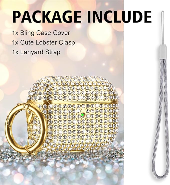 Case for AirPods Pro 2nd Generation, Filoto Cute AirPod Pro 2 Protective Case Cover for Women Girls, Bling Crystal PC Apple Air Pods Pro Cases Accessories with Lobster Clasp Keychain, Gold