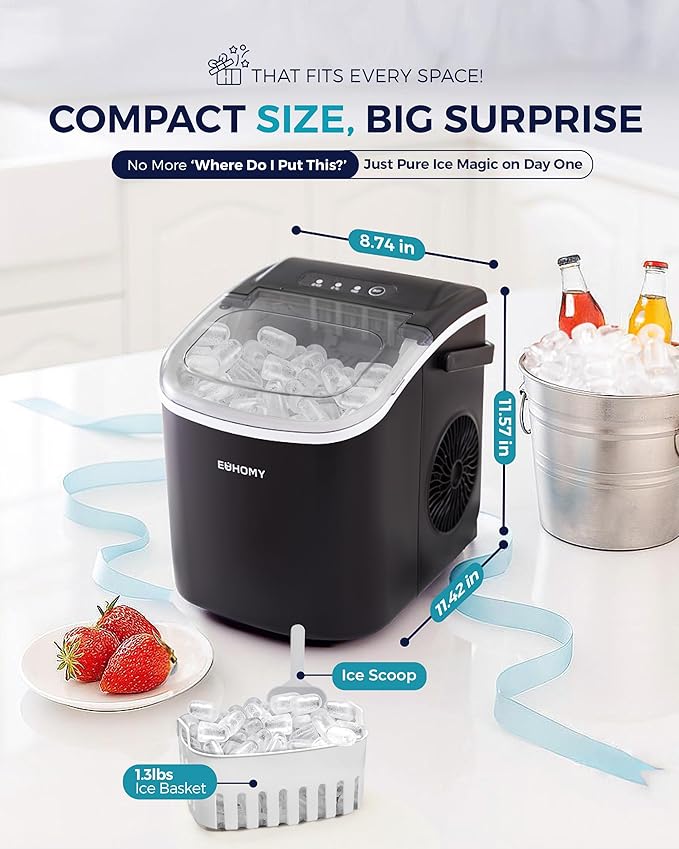 EUHOMY Countertop Ice Maker Machine with Handle, 26lbs in 24Hrs, 9 Ice Cubes Ready in 6 Mins, Auto-Cleaning Portable Ice Maker with Basket and Scoop, for Home/Kitchen/Camping/RV. (Black)