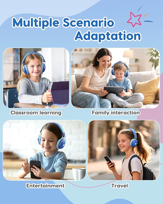 Kids Headphones, 74/85dB Safe Volume Limit, Stereo Sound, Wired On-Ear Headphones for Kids Boys Girls, 3.5mm Jack for Tablet, iPad, Kindle, YOTO Player, Airplane Travel, Blue