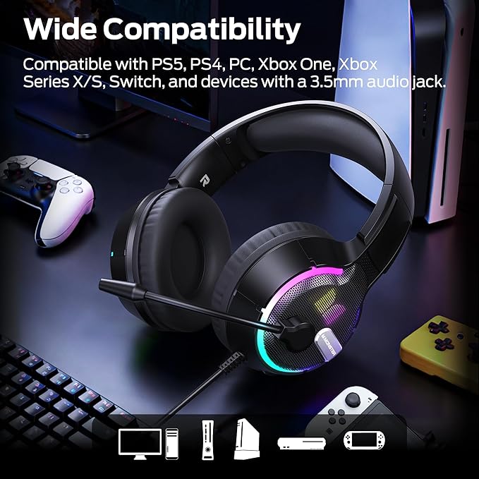 Monster Mission 320 Gaming Headset for PS5, PS4PC,Switch,Noise Cancelling Over Ear Headphones with Mic, LED Light, 7.1 Surround Sound,Gifts