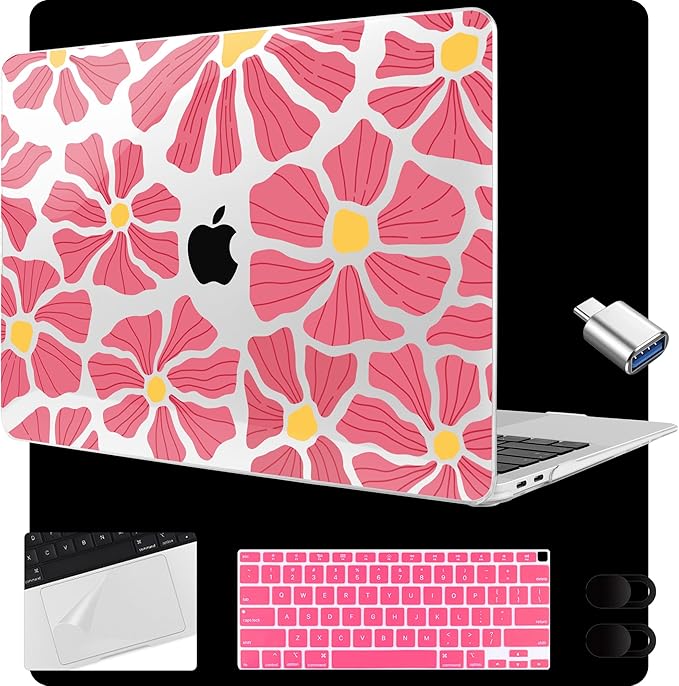 MEEgoodo for MacBook Air 13.3 inch Case 2021 2020 2019 2018 A2337 M1 A2179 A1932, Laptop Shell for MacBook Air M1 with Keyboard Webcam Cover & Trackpad Film & Type C Adapter,Print with Flowers