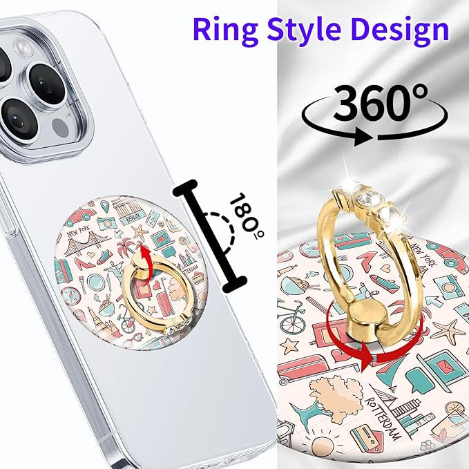 Magnetic Phone Ring Holder Compatible with MagSafe, Cute Phone Grip Stand with 360° Rotation Gold Glitter Finger Ring Kickstand Accessories for Most Phones Cute Vacation Pattern