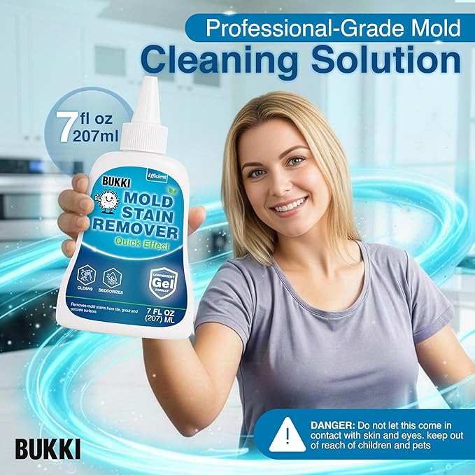 BUKKI Mold Stain Remover Gel 7 FL OZ (150 g), Heavy Duty Thick Cleaning Gel for Shower Grout, Washer Seals, Caulking, Bathrooms, Sinks, Concrete. Stain Cleaner Surface Gel