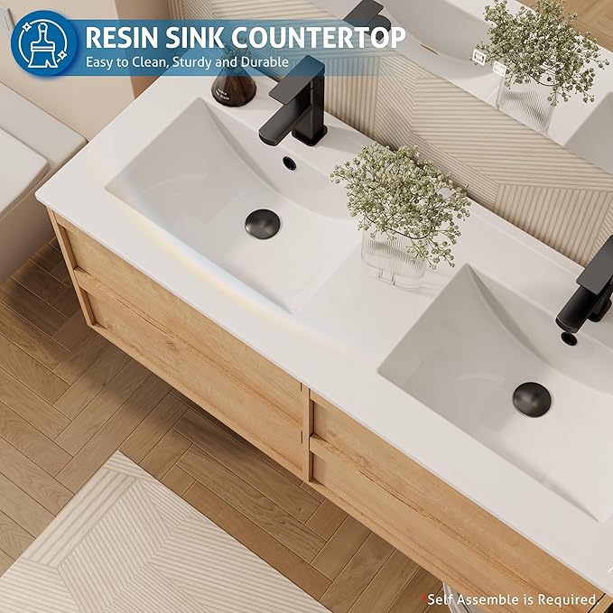 eclife 48" Floating Bathroom Vanity Sink Combo, Wall Mounted Modern Minimalist Storage Cabinet with 4 Drawers, Include Sink, Faucet & Drain, Natural