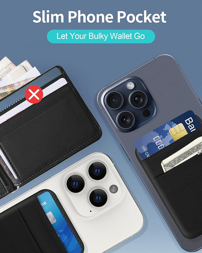 Senose Magnetic Wallet Compatible for Magsafe, Stretchy Magnet Phone Wallet Card Holder for Back of Phone Compatible for iPhone 16/15/14/13/12 Mini/Plus/Pro/Pro Max, (Black)
