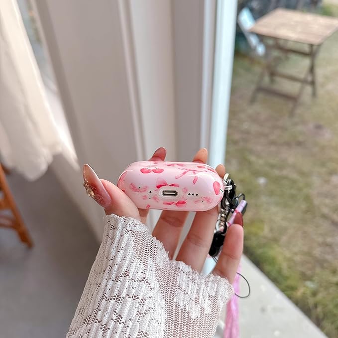 Cute Pink Ribbon Bow Cherry Design Air Pod 4th Generation (2024) with Bow Cherry Lanyard Keychain,Unique IMD Process TPU Soft Air Pod 4th Case