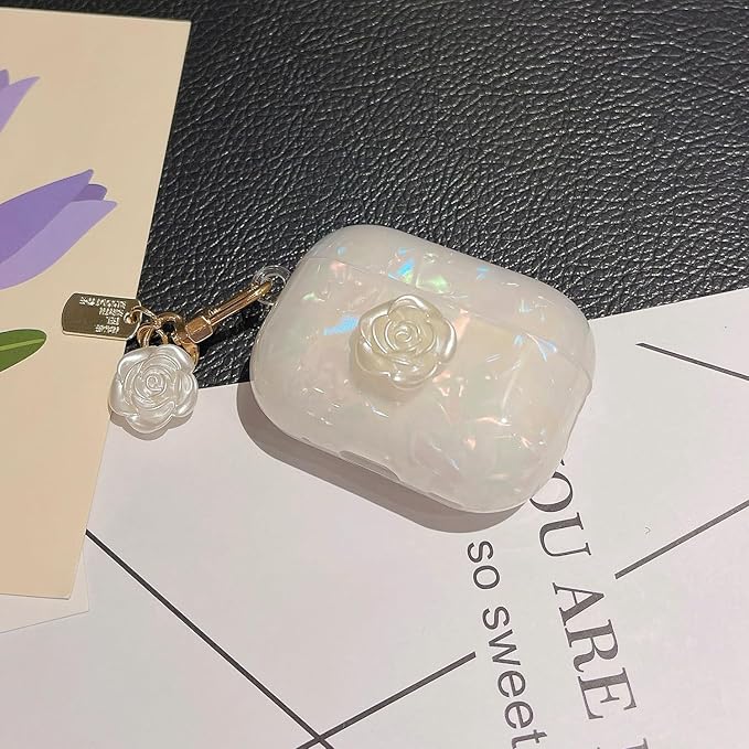 Cute Airpod Pro 2 Case Elegant Flower Luxury Glitter Marble Pearl Protective Cover with Keychain Compatible with AirPods Pro 2nd Generation Case for Girls Women (Rose White)