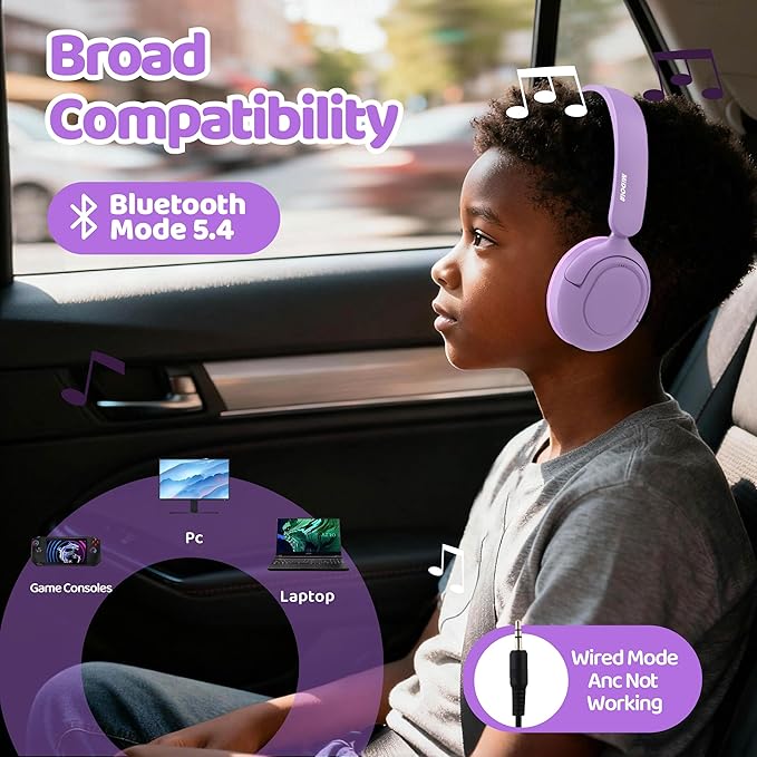 MIDOLA Kids Headphones Active Noise Cancelling Wireless Bluetooth 5.4 Volume Limited 85/94dB Foldable Over Ear,Headset with Mic Type C Charging for Boy Girl Toddler Child Pad Tablet Lavender Purple