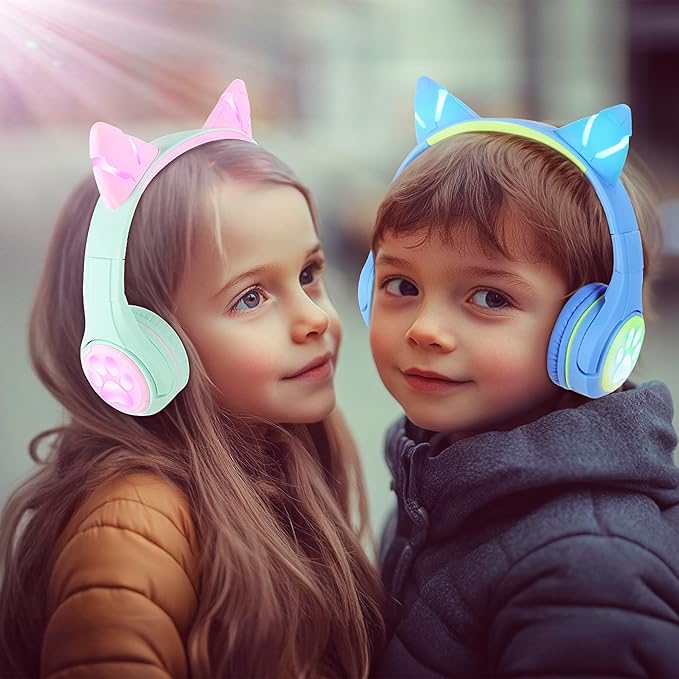 Riwbox CF9 Kids Bluetooth Headphones Cat Ear with LED Light Up,Safe 85dB Volume Limit,Built-in Mic&Boom Mic for Calls,Kids Wireless&Wired Headphones for Tablet/Airplane/School/Online Learning