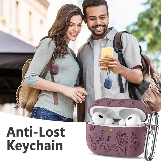Hamile for AirPods Pro 2nd Generation Case with Cleaner Kit & Keychain, Cute Flower Engraved Soft Silicone Protective AirPods Pro 2 Case Cover for Apple AirPod Pro 2nd/1st Generation Smoky Purple