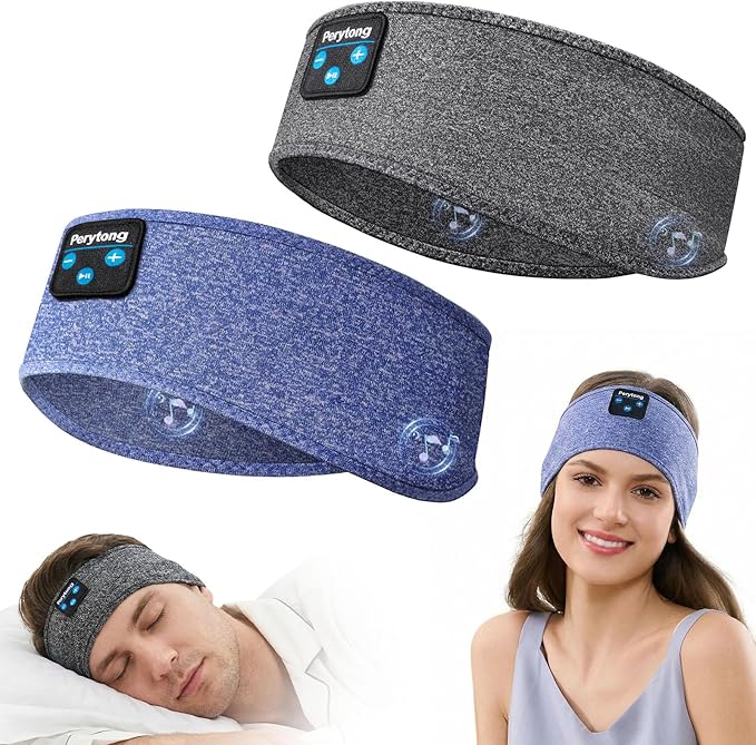 Perytong 2 Pack Sleep Headphones Headband, Bluetooth 5.4 Sleeping Headphones, Wireless & Comfortable Sport Music Headband with Ultra-Thin Speakers for Side Sleepers, Sleep Mask with Long Battery Life