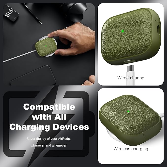 R-fun for AirPods Pro 3 Case 2025, Soft TPU (Leather-Like Design) Drop Protection Cover for Men and Women with Lanyard and Cleaner Kit, Compatible with Apple AirPods Pro 3rd Generation-Army Green