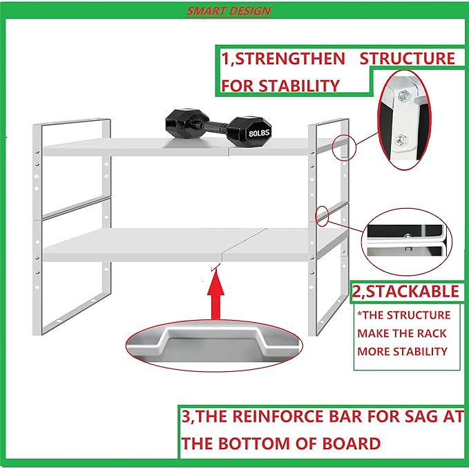 Expandable Stackable Spice Rack Cabinet Shelf Organizer in Cabinets Shelves Kitchen Cupboard Organization Stack up Racks Pantry Countertop Storage Medium/White 2 Packs