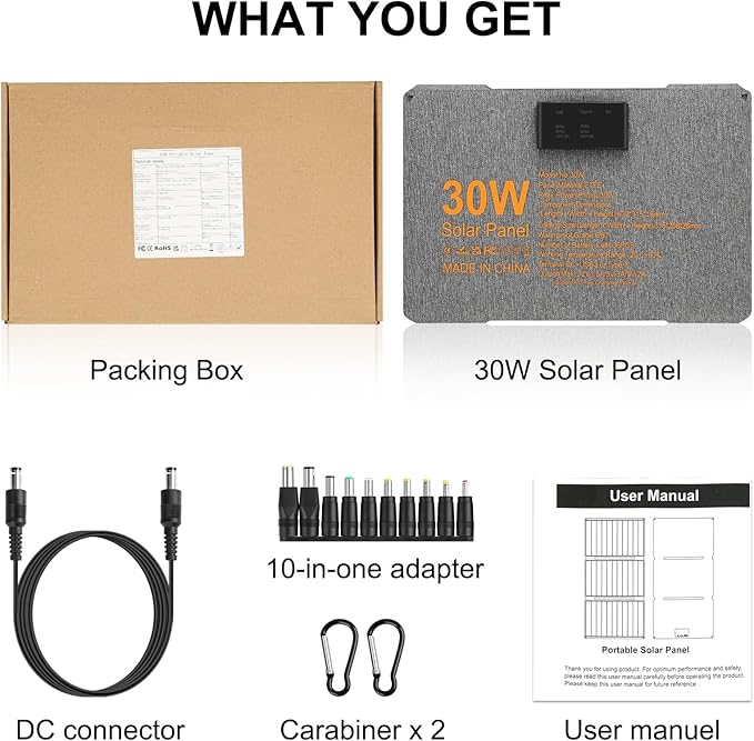 Portable Foldable Solar Panel Kit 30W 18V ETFE Solar Panels Charger with USB 3.0, Type-C and DC Outputs Fast Charging Compatible with iPhone, iPad, Power Banks, IP67 Waterproof for RV Camping Off-Grid