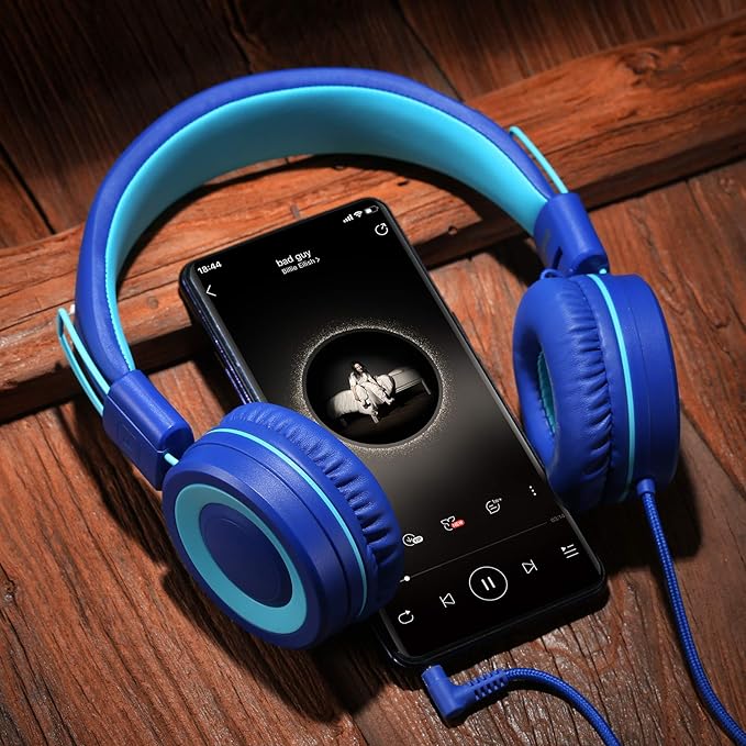 P10 Kids Stereo Headphones with Microphone for Children Boys Girls,Adjustable 85dB/94dB Volume Control Foldable On-Ear Headphone for School/PC/Cellphone(Blue)