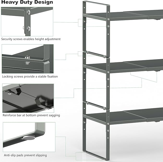 Expandable Stackable Spice Rack Cabinet Shelf Organizer in Cabinets Shelves Kitchen Cupboard Organization Stack up Racks Pantry Countertop Storage (Gray, Medium 3 Packs)