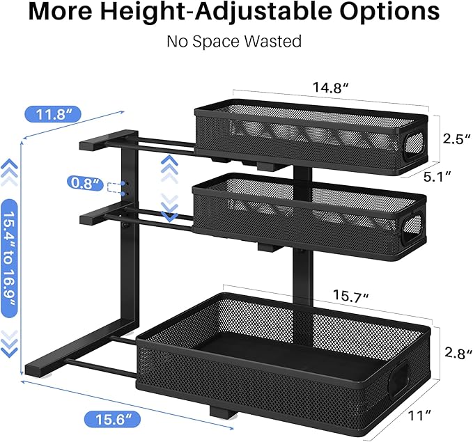 HERJOY Under Sink Organizer, 2-Pack 3-Tier Height Adjustable Thickened Metal Pull out Cabinet Organizer Shelf, Slide out Storage Drawer Rack for Bathroom Kitchen Pantry Home Laundry Organization