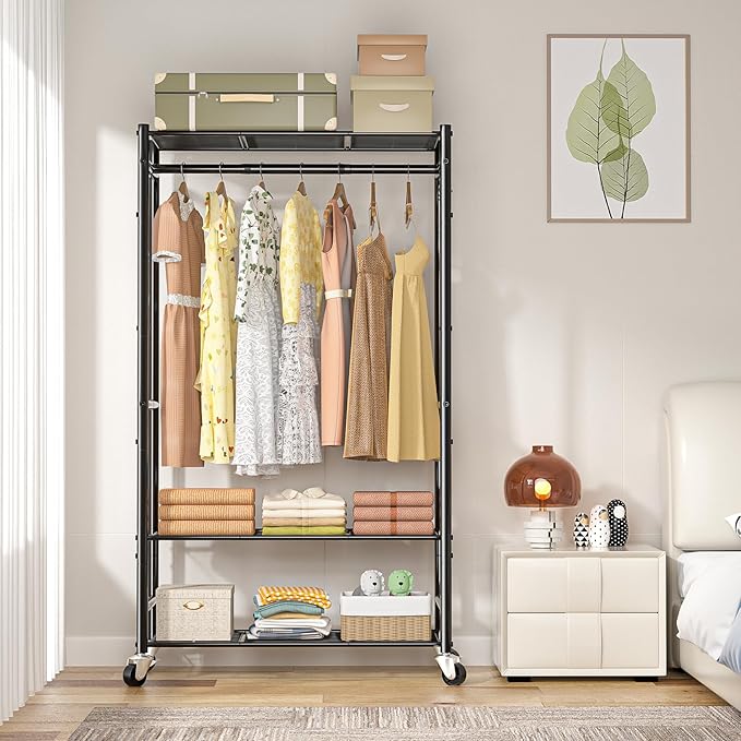 Rolling Clothes Rack for Hanging Clothes,Heavy Duty Garment Rack with 3 Tier Wire Shelves,Freestanding Portable Clothing Rack Wardrobe Rack, Black