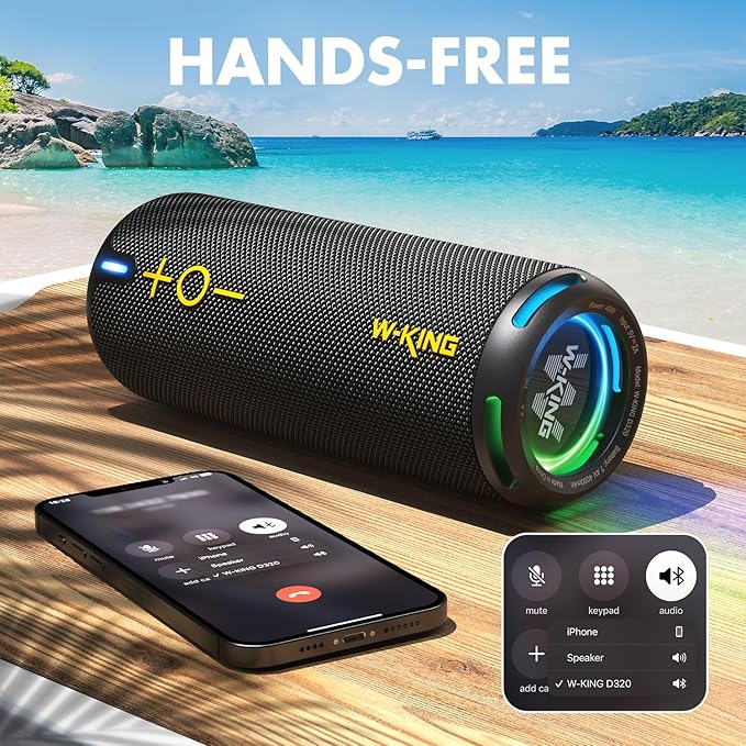 W-KING D320 40W Bluetooth Speaker, IPX7 Waterproof Portable Speaker with Dual Voice Coil, Customized EQ APP, 360 Sound, Party Lights, V5.3, TF/AUX, Black