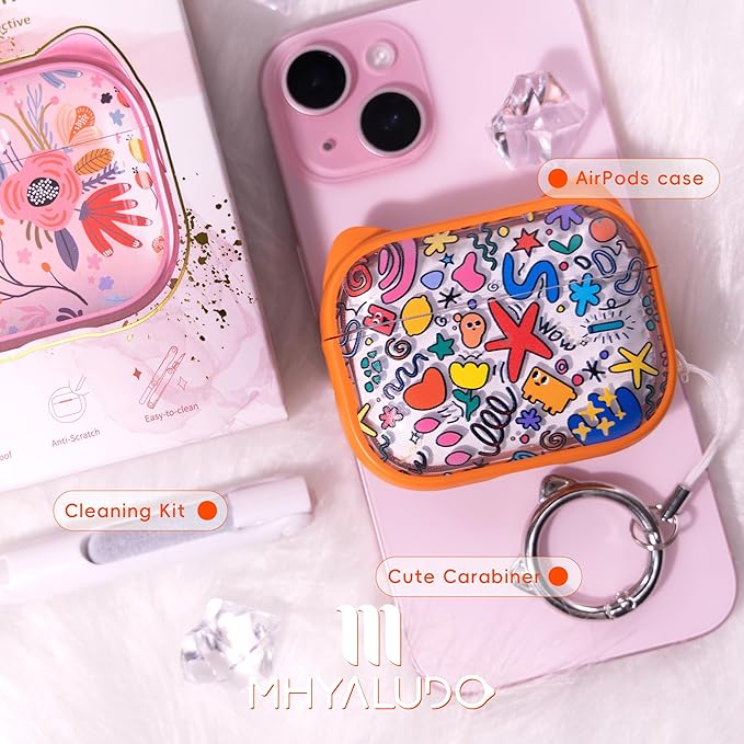 for AirPods Pro 2 Case with Cleaning Kit, Cute Cat Ear Print Design & Cute Buckle for Girls, Phone Holder & Top Safe Lock Buckle Design for AirPods Pro 2nd/1st Gen case, Orange Seaworld