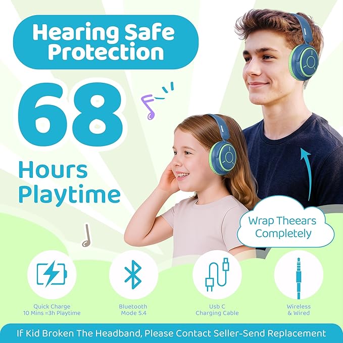 MIDOLA Kids Headphones Bluetooth 5.4 Wireless Volume Limited 85/94dB Hearing Protection Over Ear 68 Hours Playtime Foldable Lightweight Headset Built-in Mic for Toddler Child Travel School Green Blue