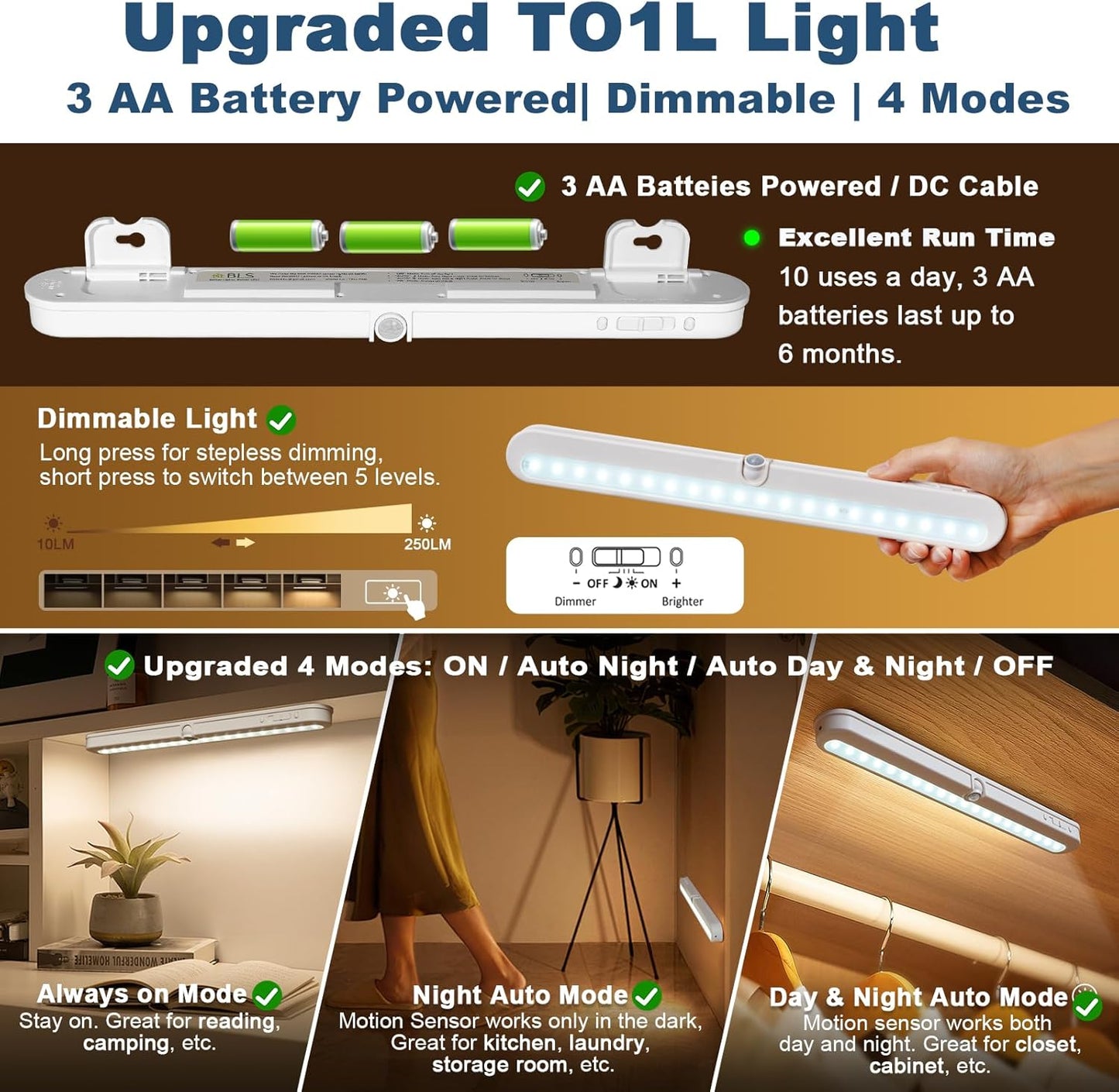 LED Under Cabinet Light – Motion Sensor, 20 LED, Battery or USB Powered, Auto On/Off