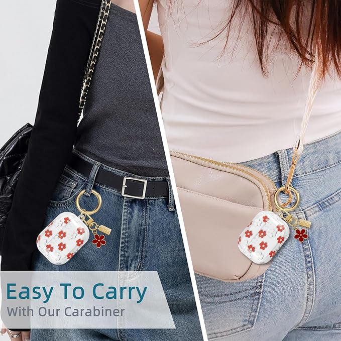 Compatible with AirPods Pro 2 Case Cover 2022, Soft TPU with Cute Flower Pattern for AirPods Pro 2nd/1st Generation Case with Flower Keychain and Carabiner for Girls Women (Red)
