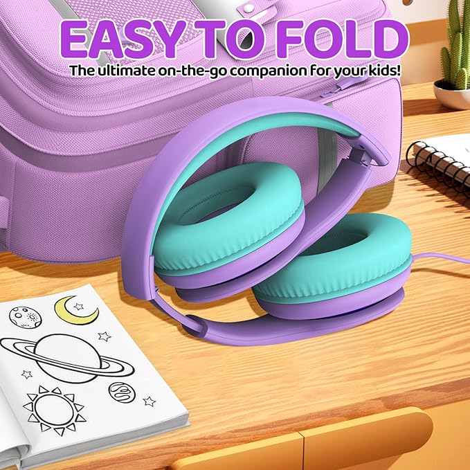 Wired Headphones for Kids, 85dB Volume Limit, 3.5mm Kids Headphones with Cord, Adjustable, Stereo Sound Foldable Toddler headsets for School-Purple