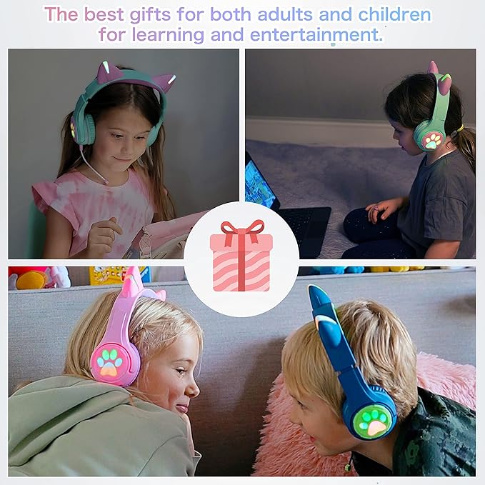 Riwbox CF9 Cat Ear Kids Bluetooth Headphones with LED Light Up,Safe 85dB Volume Limit,Built-in Mic&Boom Mic for Calls,Kids Wireless&Wired Headphones for Tablet/Airplane/School/Online Learning (Green)