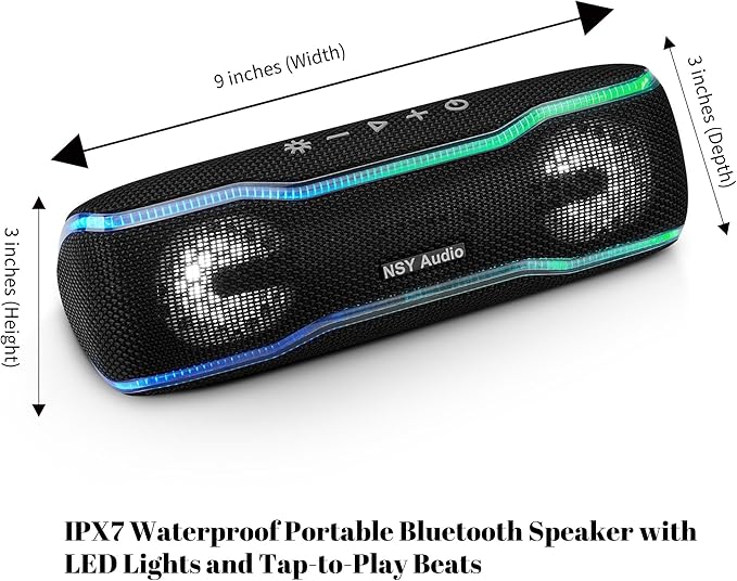 Bluetooth Shower Speaker, IPX7 Waterproof Portable Wireless Speaker, 24H Playtime, LED Lights, TWS Pairing, for Outdoor Party, Beach, Travel, Pool, Gifts, Black