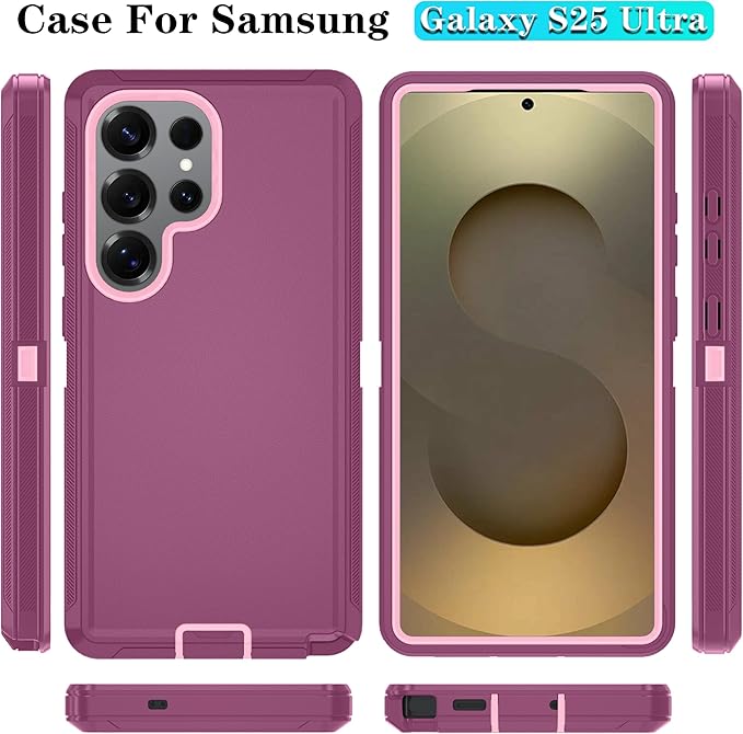 ONOLA Phone Case for Samsung Galaxy S25 Ultra Case with HD Screen Protector, Heavy Duty Shockproof & Dropproof 3-Layer Cover Phone Case for Galaxy S25 Ultra 6.9'',WineRedPink