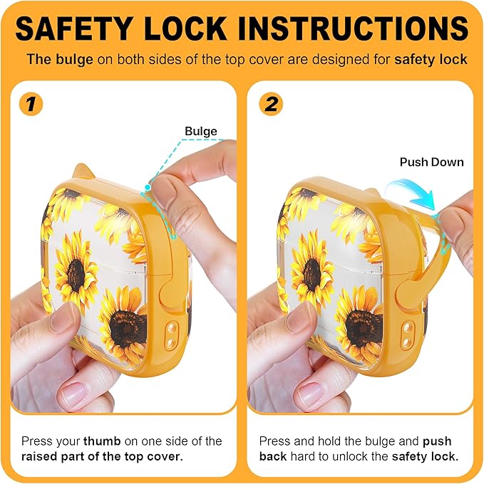 RFUNGUANGO AirPods Pro Case for Women Girly Cat Case with Lock, Phone Stand, Keychain & Cleaner Kit, Compatible with Apple Airpods Pro 2nd/1st Generation Case Cover, Transparent Sunflower