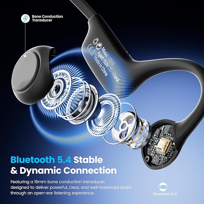 Bone Conduction Headphones - Open Ear Bluetooth 5.4 Wireless Sport Headphones, 10H Playtime, IP55 Sweatproof, Noise-Reduction Mic for Running, Cycling, Hiking, Office Work (Deep Black)