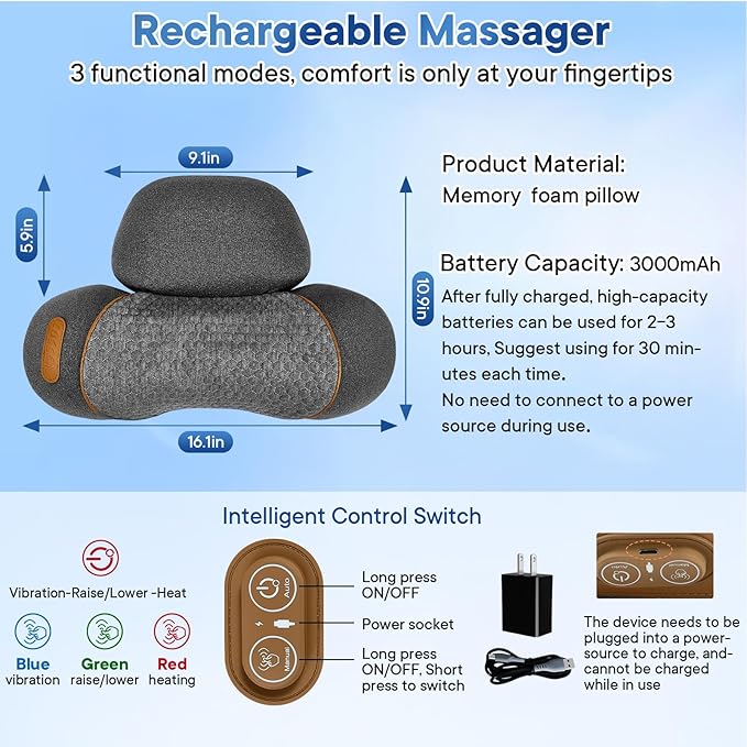 Neck Massage Pillow, 3-in-1 Neck Massager, Hot Traction Massage, Shoulder Pain Neck Pillow, Deep Tissue Pain Relief, Rechargeable Pillow, Suitable As A Gift for Male and Female Parents