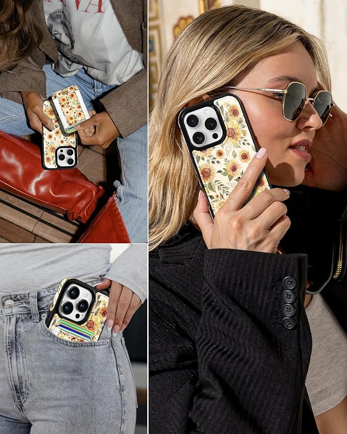 Shorogyt for iPhone 16 Pro Max Case Wallet - Fits 5 Cards, Compatible with Magsafe Detachable Magnetic Credit Card Holder Leather Cardholder Cute Phone Cover Women Girls for Apple 16 ProMax, Sunflower