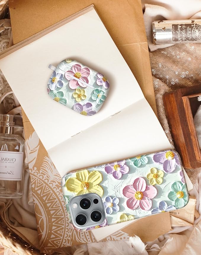 JIAXIUFEN Design for AirPods Pro 2 Gen 1 Gen Case Cover Retro Oil Painting Printed Flower Protective TPU Skin Accessories for Women Girl with Keychain, Mint Colorful