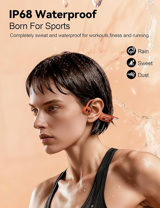 Bone Conduction Headphones, Open Ear Headphones with MP3 Mode 32GB, 10Hrs Playtime IP68 Waterproof Swimming Headphones Secure Fit for Running, Cycling, Work, Gift(Orange)