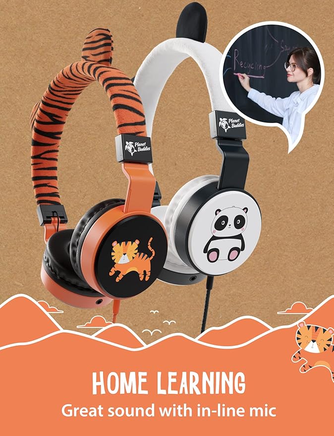 Kids Headphones for School with Tiger Cat Ears, Safe Volume Limited, HD Mic Stereo Sound On-Ear Girls Boys Headphones for Kid, Foldable 3.5mm Wired Kids Earphones for iPad, Tablet or Computer - Furry